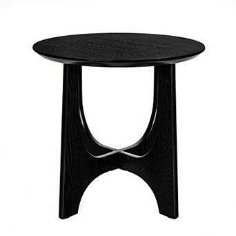 25" Round End Table for Living Room, Modern Minimalist Design Birch Veneer Cross Legs, Black