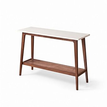 Mid‑Century Modern Solid Rubber Wood 2 tier Console Table, White and Walnut