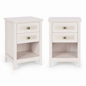 Grayish White Rattan Nightstand Set of 2, with Drawer and Open Shelf, Durable Handwoven Rattan