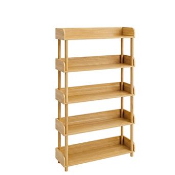 5 tier Wood Bookshelf with Solid Wood Legs, Rounded Corners, Safety Side Panels, Modern Display