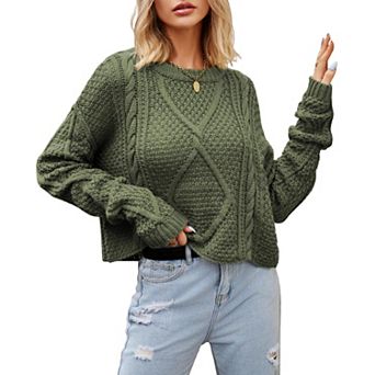XuBa Women's Crew Neck Cable Knit Sweater Long Sleeve Cropped Pullover