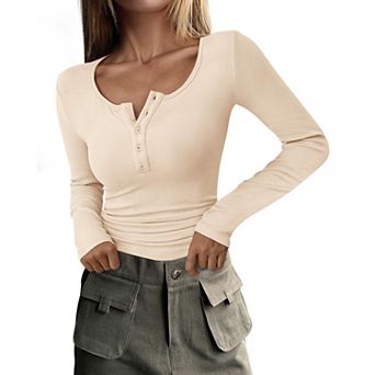 Women's Fall Long Sleeve Henley Slim Fitted Ribbed Knit Casual Tops