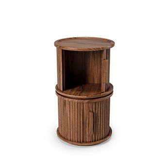 Modern Round Coffee Table with Sliding Door Storage and Fluted Column Design, Walnut