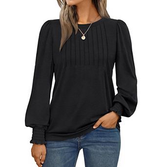 Womens Long Sleeve Crew Neck Pleated Blouses Business Casual Tops