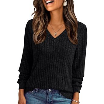 Womens V Neck Long Sleeve Loose Fit Lightweight Fall Tops