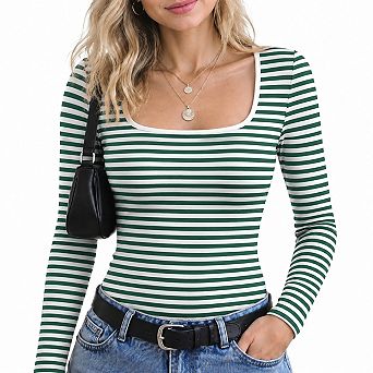 Women Square Neck Slim Fit Long Sleeve Fall Basic Tee Top