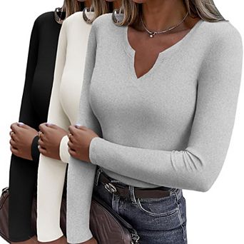Women's Long Sleeve Rib Knit Slim Fit Stretch Basic Tee Top