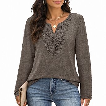 Womens V Neck Long Sleeve Lace Front Loose Tunic Tops Casual Fall Vacation Clothes