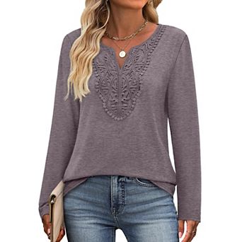 Womens V Neck Long Sleeve Lace Front Loose Tunic Tops Casual Fall Vacation Clothes