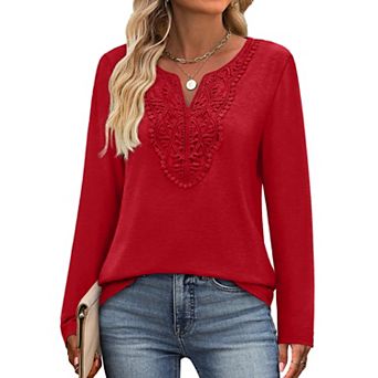 Womens V Neck Long Sleeve Lace Front Loose Tunic Tops Casual Fall Vacation Clothes