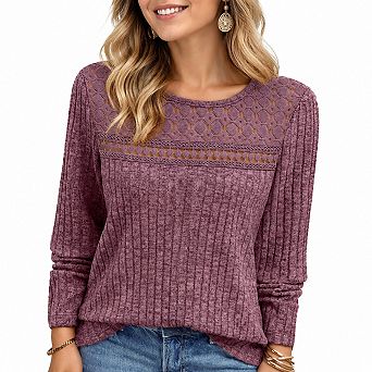 Womens Lace Long Sleeve Lightweight Boho Blouse Fitted Casual Top