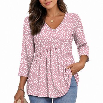 Womens 3/4 Length Sleeve V Neck Babydoll Flowy Loose Fit Dressy Casual Tops