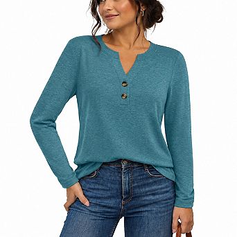 Womens V Neck Long Sleeve Button Henley Tops Soft Casual Blouses