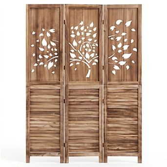 Costway 67" Folding Room Divider, 3 Panel Wooden Privacy Screen with Tree & Leaves Cutout