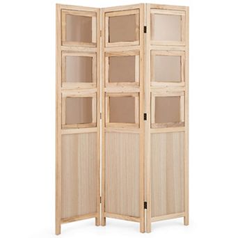 Costway 67” 3 Panel Room Divider with Paulownia Wood Photo Frames Metal Hinges for Home