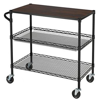 3 tier Utility Cart with Wood Top, Chrome Shelves