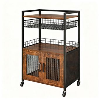 3 tier Coffee Bar Cabinet with Wire Basket & Casters