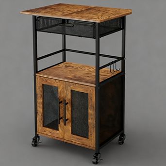 Rustic Brown 3 tier Coffee Cart with Cabinet, Pull-out Basket, and Casters for Home Use