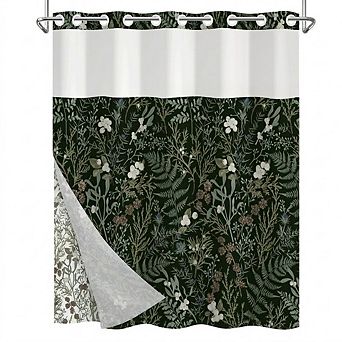 Vintage Green Botanical Shower Curtain with Snap-In Liner, Waterproof Fabric, See-Through Top Window