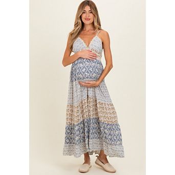 Maternity Blue Mixed Floral Lace Trim Maxi Dress