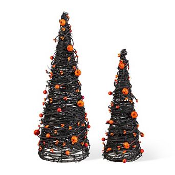 Glitzhome Set of 2 Halloween Eucalyptus With Bats Pumpkin Cone Tree