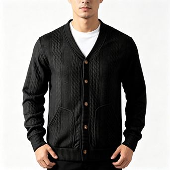 Men's Button Jacquard Wrinkle Free V Neck Cardigan