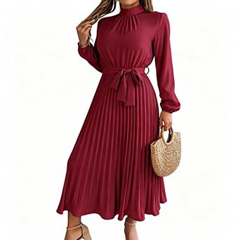Women's Velvet Evening Dress, Long Sleeve A-Line Maxi, High Waist, Red & Purple