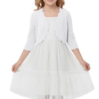 Girls' 3/4-Sleeve Knit Cardigan, Lightweight Open-Front Jacquard Sweater, Relaxed Fit