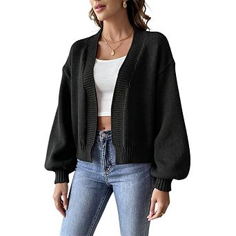 Women's Long Sleeve Cropped Knit Cardigan With Dropped Shoulders and a Boxy Cover Up Style Fit