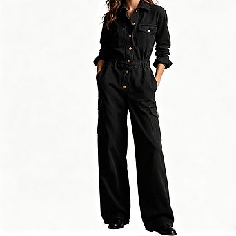 Women Long Sleeve Cargo Jumpsuit Collar Button Front Elastic Waist Multi Pocket Wide Leg Jumpsuit