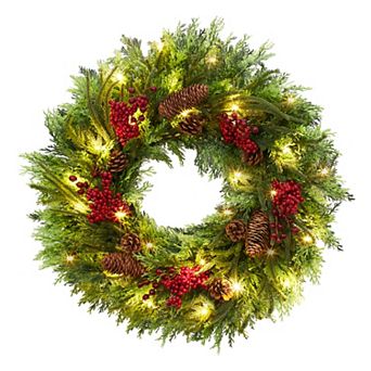 22Inch Christmas Wreath Battery Operated Artificial Wreath for Indoor Outdoor Holiday Decor