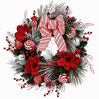 Pre‑Lit Christmas Wreath 24 Inch Striped Bow Candy Ornaments Red Flowers Timer LED Holiday Decor