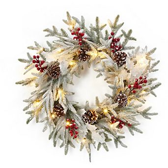 Pre‑Lit Flocked Christmas Wreath 24 Inch Pinecones Timer LED Front Door Indoor Holiday Decor