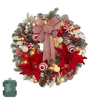 Snowy Flocked Christmas Wreath 24 Inch Poinsettia Bow Ornaments Timer LED Front Door Holiday Decor