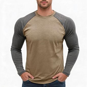 Men Raglan Long Sleeve Tee Crew Neck Color Block T Shirt For Workout Gym Casual Daily Wear