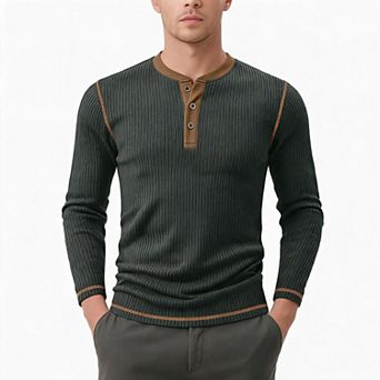 Men Henley Long Sleeve Top Color Block Trim Ribbed Pullover Shirt For Daily Casual Business Wear