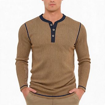 Men Henley Long Sleeve Top Color Block Trim Ribbed Pullover Shirt For Daily Casual Business Wear