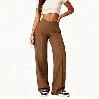 Women High Waist Seamed Straight‑Leg Pants,Stretch Waistband Casual Full‑Length Trousers with Pocket