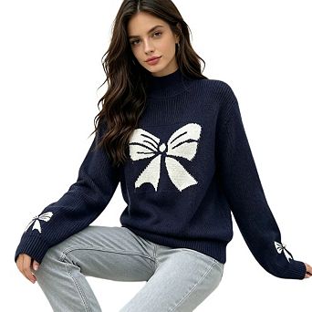 Women's Long Sleeved Round Neck Cute Sweater Casual Retro Bow Sweater