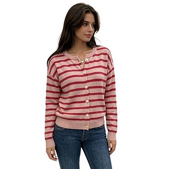 Women's Long Sleeved Color Blocked Striped Knit Cardigan Coat