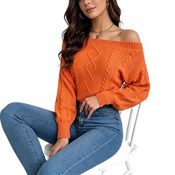 Women's Off Shoulder Fitted Waist Long Sleeved Pullover Sweater