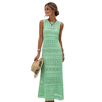 Women's Elegant Sleeveless Solid-Color Knit Dress with Scalloped Edges and Openwork Detail