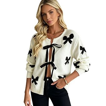 Women's Tie‑Neck Cardigan Sweater, Round Neck, Loose Knitwear