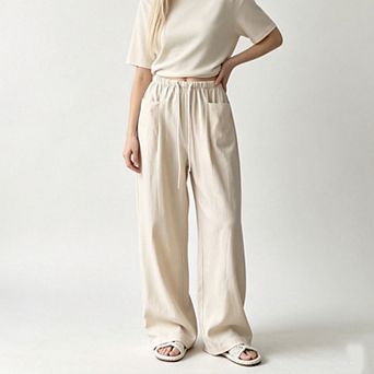 Women High Waist Drawstring Wide Leg Pants, Loose Fit Casual Trousers with Big Side Pockets