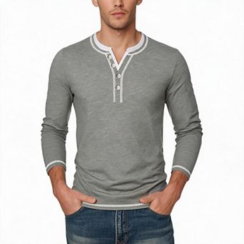 Men Henley Long Sleeve T Shirt Contrast Trim V Neck Pullover Top For Daily Office Weekend Casual