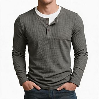 Men Henley Long Sleeve T Shirt Mock Layer Crew Neck Casual Pullover Top For Daily Outdoor Wear