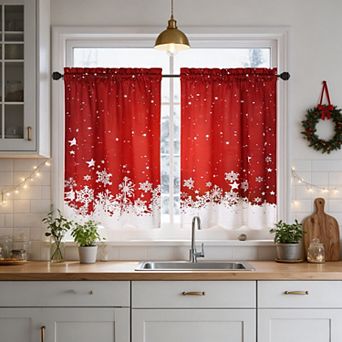 Christmas Kitchen Tier Curtain Set of 2 Velvet Snowflake Print Short Curtains