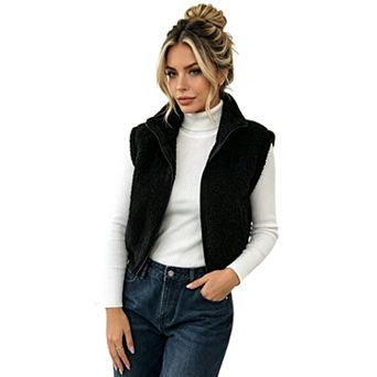 Women's Cropped Cozy Vest Zip Up Stand Collar Sleeveless Casual Layering Outerwear
