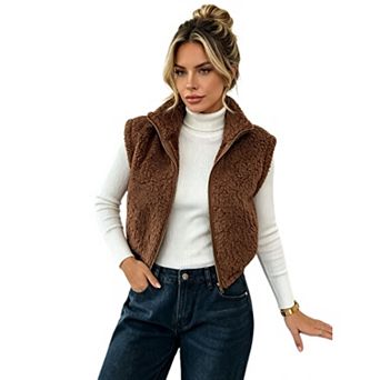 Women's Cropped Cozy Vest Zip Up Stand Collar Sleeveless Casual Layering Outerwear