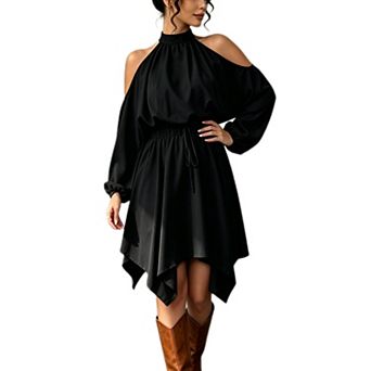 Women's Plus Size Cold Shoulder Dress Halter Neck Long Sleeve Elastic Waist Asymmetric Hem Dress